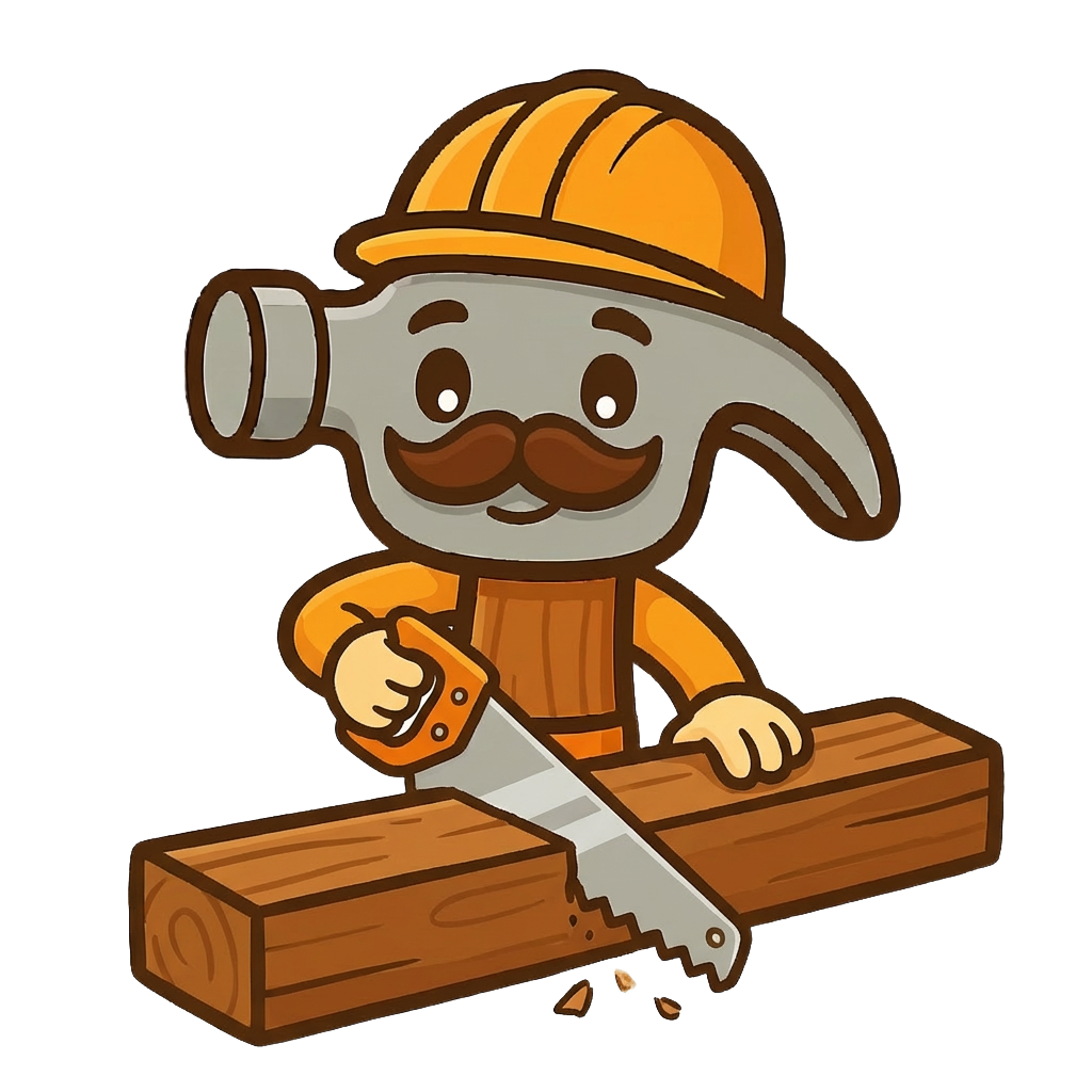 Chippy the hammer mascot sawing wood